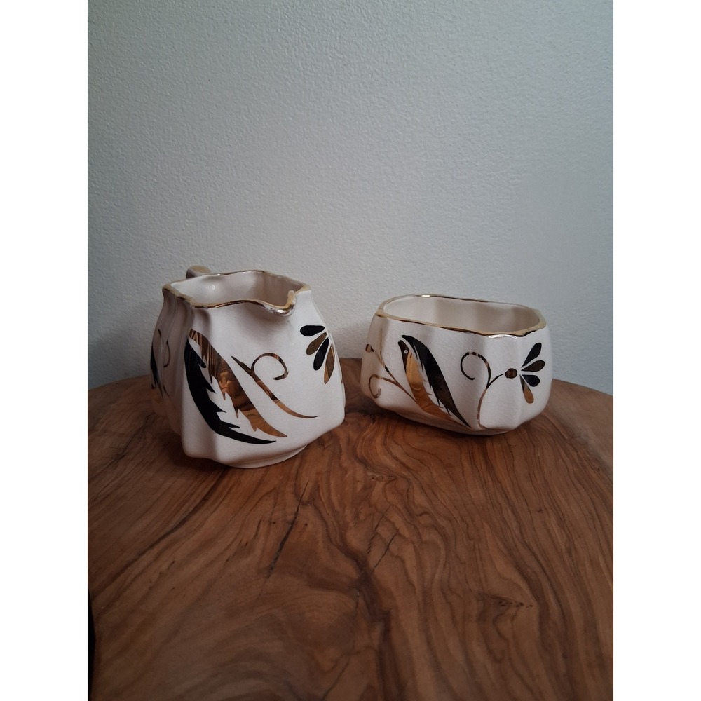 Vintage Sandland Ware Cream and Sugar Set Gold Black Leaf Staffordshire England